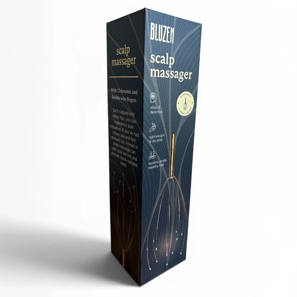 Bluzen Scalp Massager 12 Flexible Wire Fingers Gold Stress Relief New‎ in Box